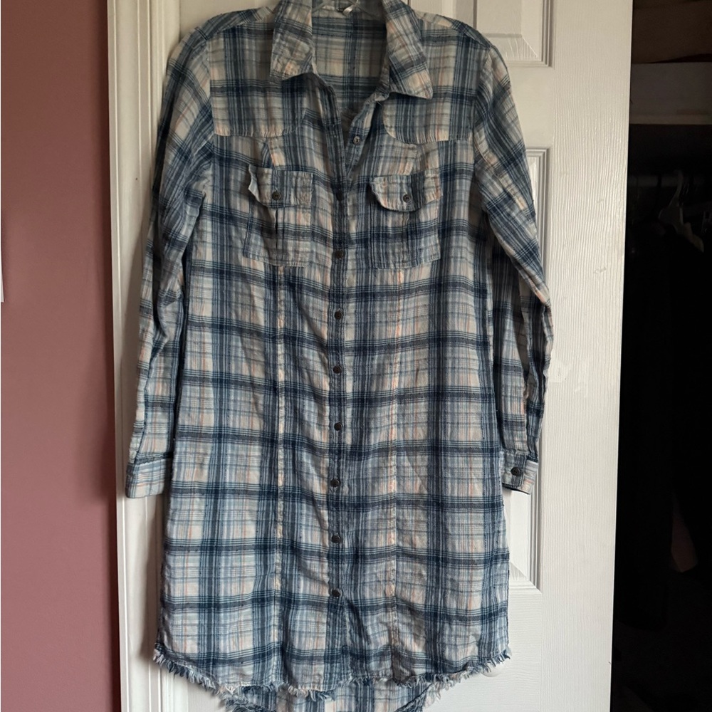 Free People Blue Plaid Long Sleeve Dress